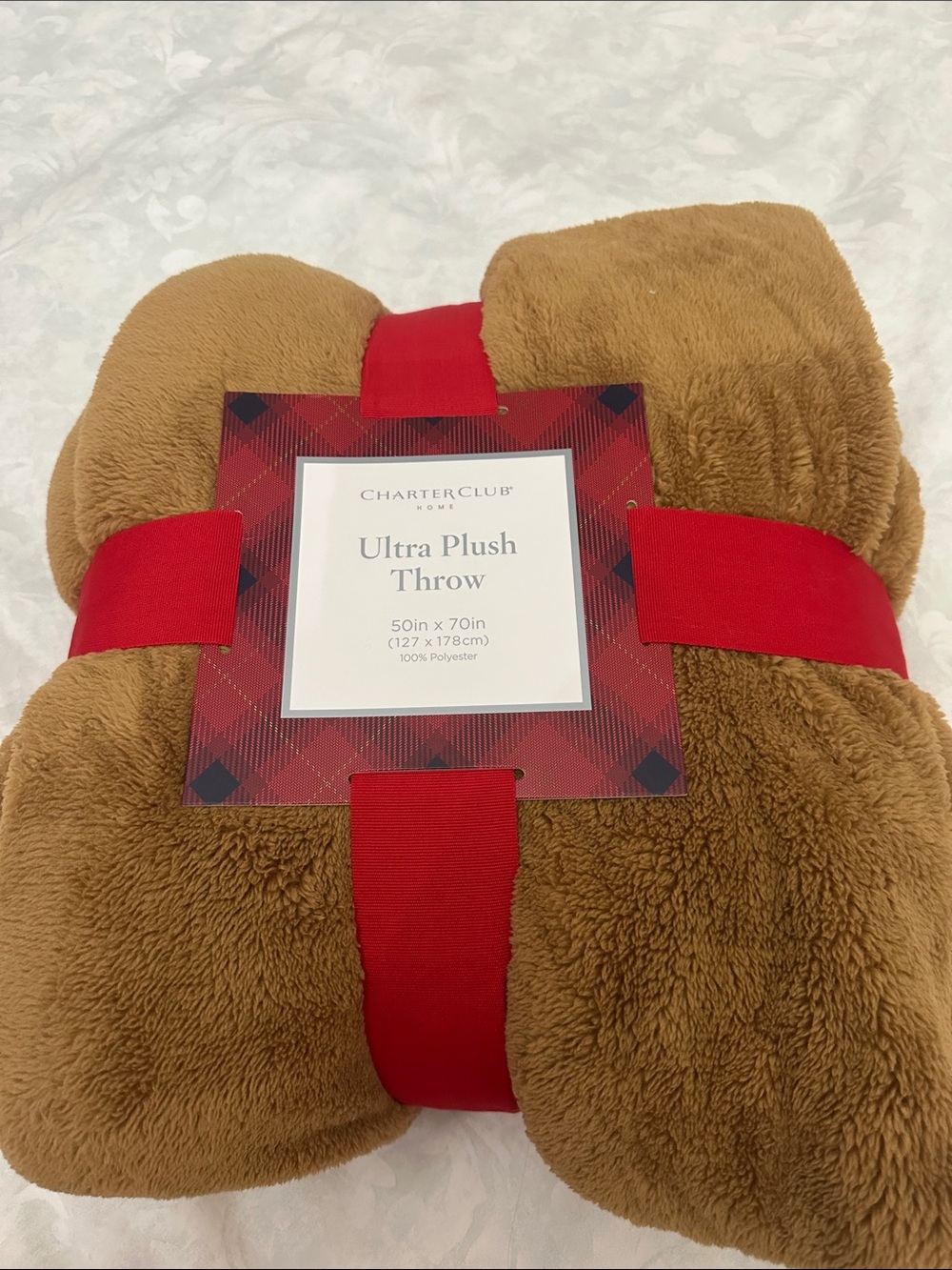Charter Club Plush Throw - Camel Brown with Red Ribbon
